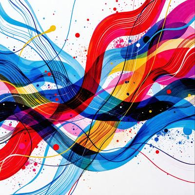The primary subject of the image is a colorful, abstract painting featuring a variety of colors and patterns. The painting is displayed on a white wall, creating a clean and minimalist backdrop. The visual style of the painting is a mix of digital art and illustration, with a focus on vibrant colors and intricate patterns. The dominant colors in the painting are red, blue, and yellow, creating a lively and energetic atmosphere.